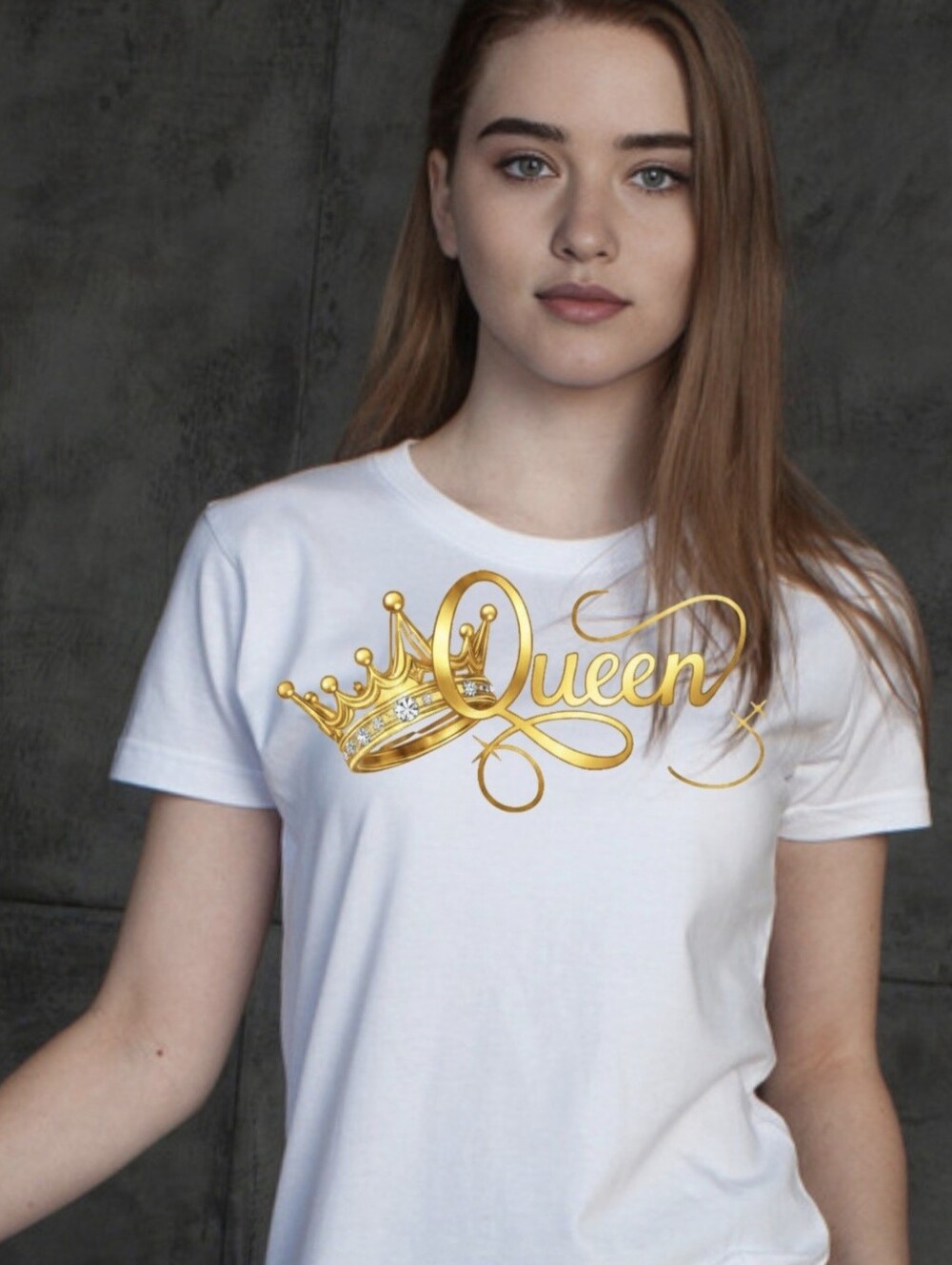 Luxury Gold "Queen" Crown Graphic Tee with Fine Crystals - Size L